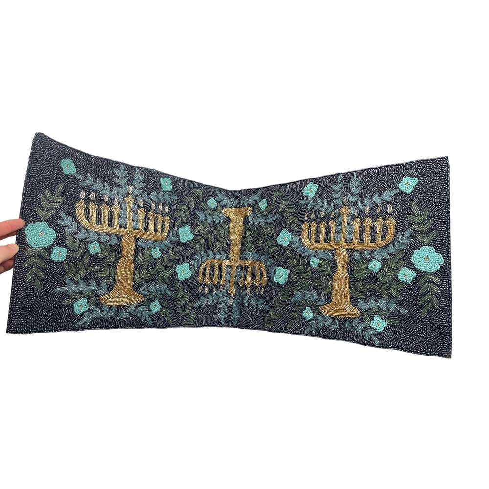 Celebrate Together Hanukkah‎ Beaded Table Runner Blue Gold Menorah 13x36 NEW